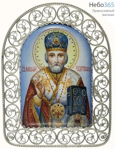  Николай Чудотворец, святитель. Икона писаная 4,5х6,5 см. эмаль, филигрань, на подставке (Гу), фото 1 
