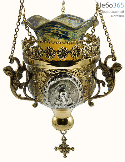  Лампада подвесная латунная с ликами, с чеканкой, с позолотой, посеребрением, высотой 15-17 см, греческая, ручной работы, фото 1 