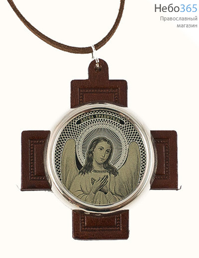  Икона автомобильная 5,5х5,5 см, на обсидиане с посеребрением, в посеребренной рамке, на кожаном кресте, подвесная, круглая (Л) (КШ-01с) Ангел Хранитель, фото 1 