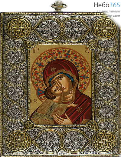  Владимирская икона Божией Матери. Икона шелкография (Гн) 11х15, 4SR, в посеребренной ризе, фото 1 