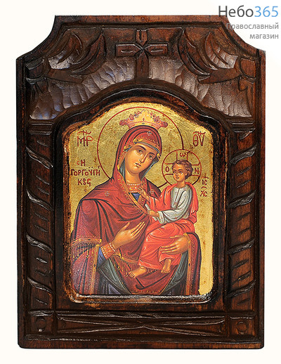  Икона на дереве B 21, 16х24, ручное золочение, фигурная, резная рама, с ковчегом икона Божией Матери Скоропослушница, фото 1 