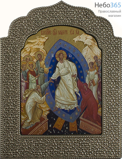  Икона на дереве 17,5х22, ультрафиолетовая рельефная печать, фигурный оклад под черненое серебро Воскресение Христово, фото 1 