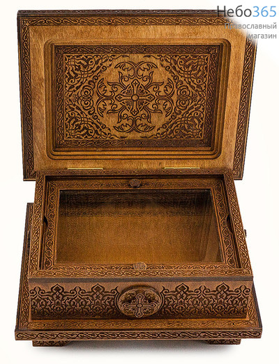  Мощевик - ковчег деревянный, из фанеры прямоугольный, с нижней платформой, резной, со стеклом в резной раме, 29 х 23 х 16 см, КСП, 4348, фото 1 