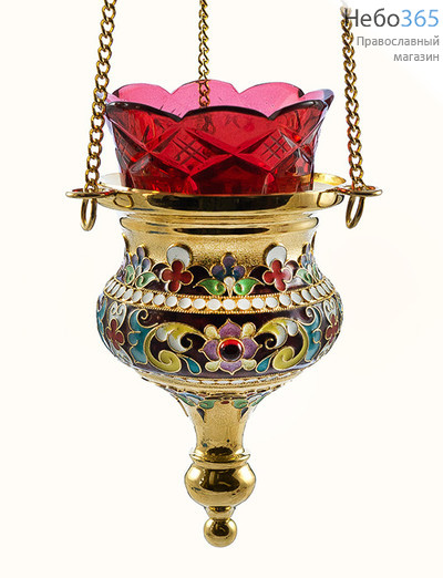  Лампада подвесная латунная со стаканом, скань, эмаль,золочение, высотой 17 см, фото 1 