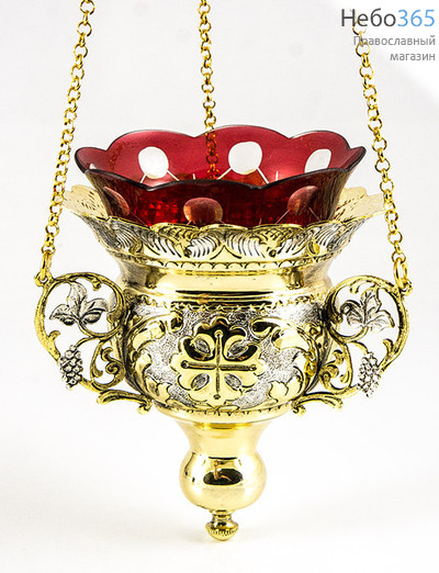 Лампада подвесная металлическая Цветок, двухцветная, с чеканкой, с позолочением и посеребрением, ручной работы, высотой 12 см, фото 1 
