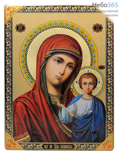  Икона на дереве 29х39, покрытая лаком - цветная узорная рамка икона Божией Матери Казанская, фото 1 