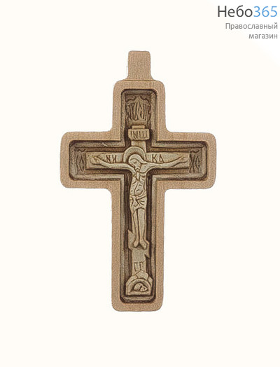  Крест нательный деревянный четырехконечный, из березы, с резной вклейкой из левкаса под лаком, высотой 5,3 см, фото 1 