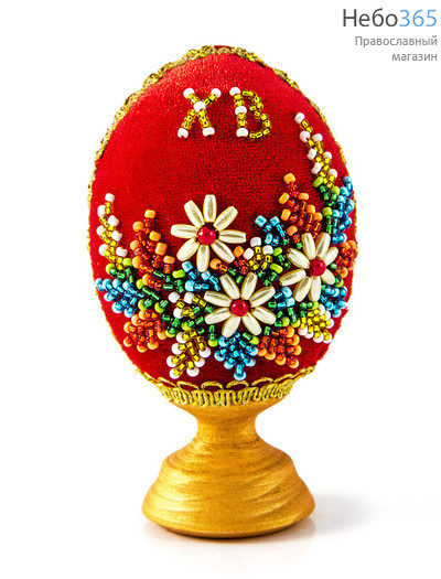  Яйцо пасхальное бархатное с бисером, на цельной подставке, большое, с цветами, высотой 13,5 см цвет: красный, фото 1 