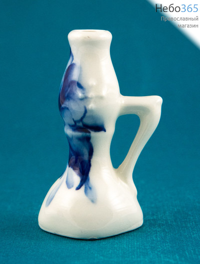  Подсвечник керамический "Бутон", с ручкой, с белой глазурью, с кобальтовой росписью "Цветы",выс.7,8 см- ПБРОБРЦОО, фото 1 