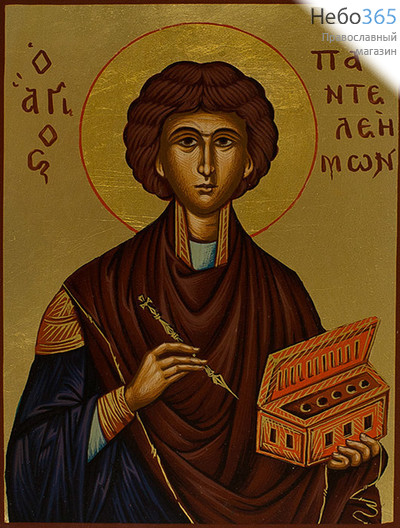  Икона шелкография (Гн) 17х24, 5SG, великомученик Пантелеимон, золотой фон, фото 1 