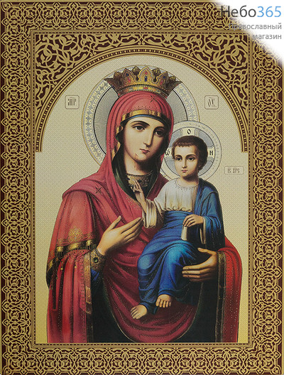  Икона на дереве 29х39, покрытая лаком - цветная узорная рамка икона Божией Матери Иверская, фото 1 