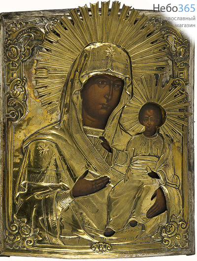  Тихвинская икона Божией Матери. Икона писаная 36х45 см, в латунной ризе, 19 век (Кзр), фото 1 