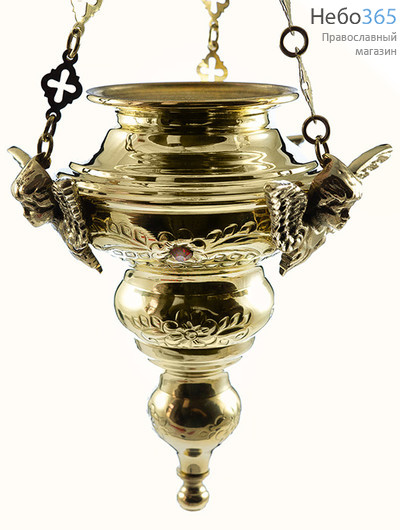 Лампада подвесная латунная №1, каскад, без стакана, с чеканкой, с Ангелами, с камнями, фото 1 