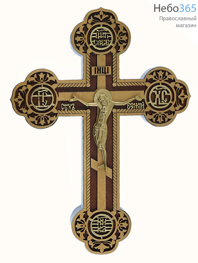 Крест деревянный 17106, с бронзовым распятием,Келейный, с частичной поталью, с золотыми буквами, фото 1 