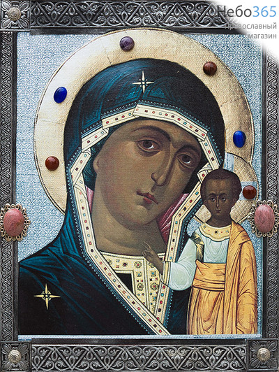  Икона на дереве 30х40, Божией Матери Казанская, печать на холсте, басма, натуральные камни, фото 1 