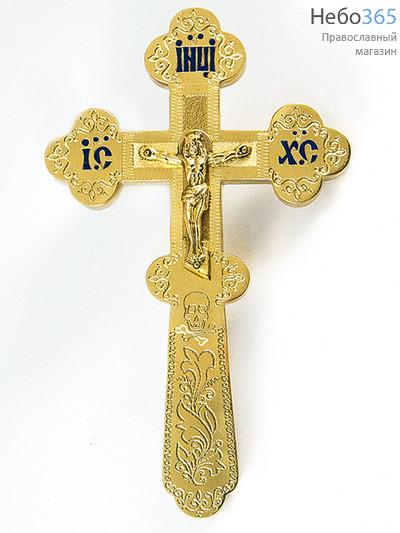  Крест требный из латуни , с накладным распятием, по форме Трилистник, гравировка,эмаль, высотой 20 см, № 1, фото 1 