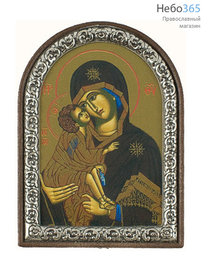  Икона в ризе (Нпл) 4х6, Божией Матери Донская, литография, посеребрение, арочная, фото 1 