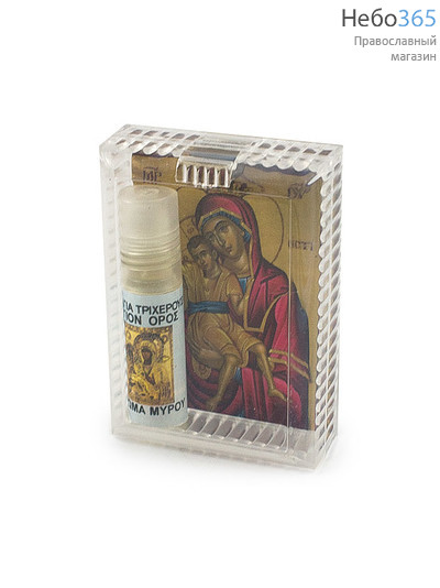  Набор из ламинированной иконы и освященного ароматного масла в пластиковой коробочке, в ассортименте от иконы Божией Матери "Троеручица", фото 1 