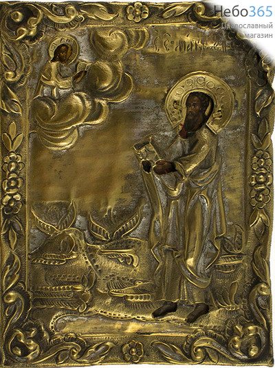 Матфей, апостол. Икона писаная 10х13 см, в ризе 19 века, новое письмо на старой доске (Кж), фото 1 