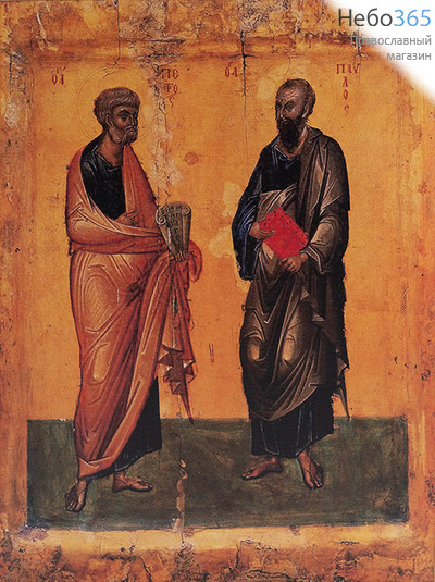  Петр и Павел, первоверховные апостолы. Икона на дереве 30х40х2,8 см, печать на холсте, копия византийской иконы 14 века (Су), фото 1 