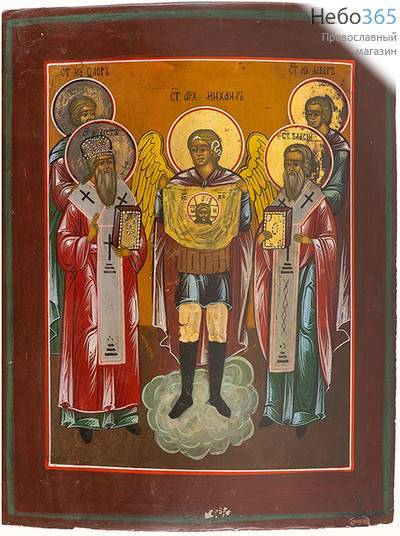 Михаил Архангел, святые: Флор, Лавр, Модест, Власий. Икона писаная 23х31 см, с ковчегом, реконструкция иконы 19 века на старой доске (Ат), фото 1 
