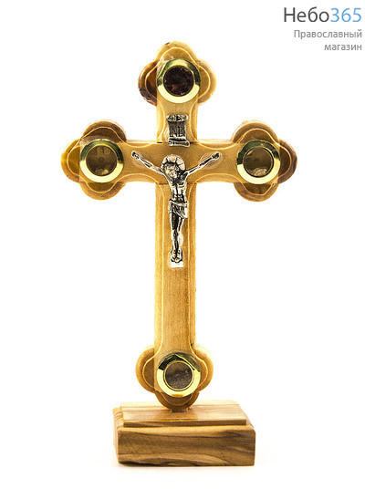  Крест деревянный Иерусалимский из оливы, с металлическим распятием, с 4 вставками, на подставке, высотой 15,5 см, фото 1 