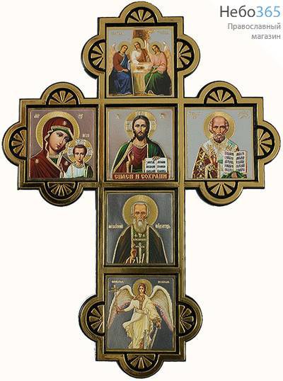  Крест пластмассовый (Ср) 13х18, шесть икон, без стекла, на липучке (уп.10 шт.) С иконой преподобного Сергия Радонежского, фото 1 