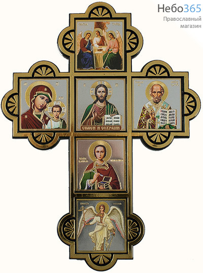  Крест пластмассовый (Ср) 13х18, шесть икон, без стекла, на липучке (уп.10 шт.) С иконой великомученика Пантелеимона, фото 1 