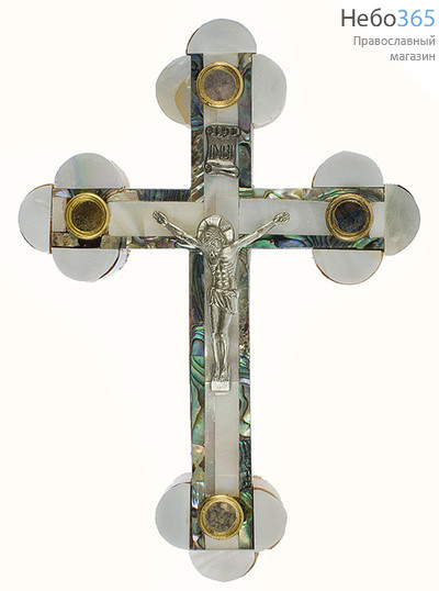  Крест деревянный Иерусалимский из оливы, с перламутром, с 4 вставками, с металлическим распятием, 13,5 см, фото 1 