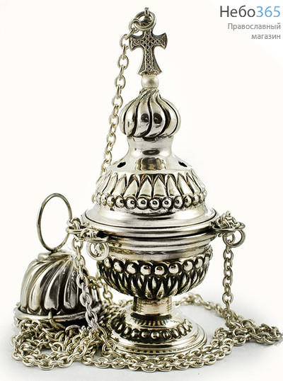  Кадило малое мельхиоровое требное, с чеканкой, с медной чашей, высотой 16 см вид чеканки № 4, фото 1 