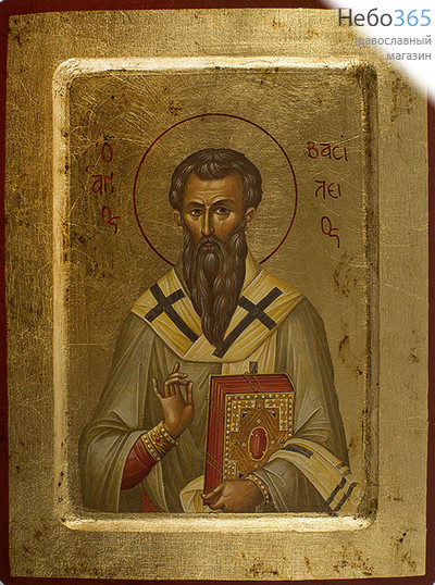  Икона на дереве B 4, 18х24, ручное золочение, с ковчегом Василий Великий, святитель, фото 1 
