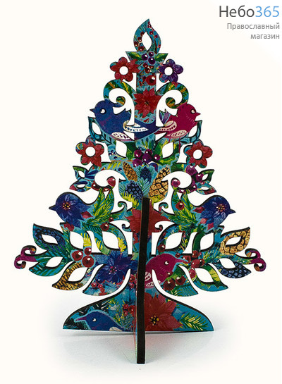  Сувенир рождественский Елка, из МДФ, с цветной литографией, сборная из 2 деталей, с рисунками птичек, шишек и цветов, 11 х 15 см, 2лзр028, фото 1 