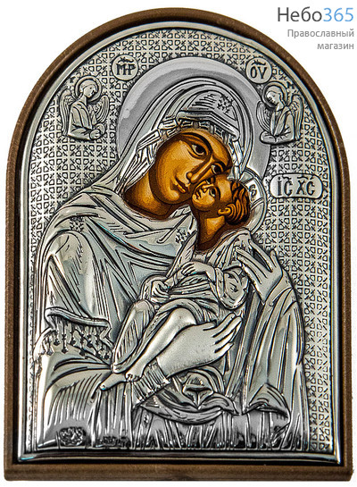  Икона в ризе 6х8, литография, посеребрение, арочная икона Божией Матери Сладкое Лобзание, фото 1 