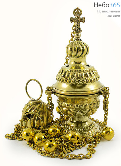  Кадило малое латунное требное, с 8 позвонцами, с чеканкой, с медной чашей, высотой 16 см, фото 1 
