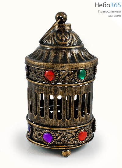  Фонарь для свечи металлический, циллиндрический, с цветными камнями, высотой 14 см, для свечи в форме, фото 1 