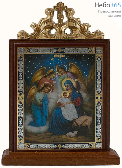  Икона на дереве (Мис) 6х9, Рождество Христово, с навершием, на подставке (х43328), фото 1 