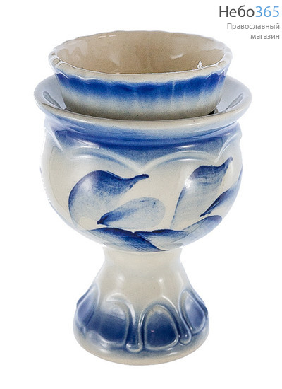  Лампада настольная керамическая "Кубок" со стаканом, средняя, с белой эмалью и росписью под "Гжель", высотой 10,5 см, фото 1 