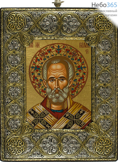  Николай Чудотворец, святитель (оплечный). Икона шелкография (Гн) 15х20, 5SR, в посеребренной ризе, фото 1 