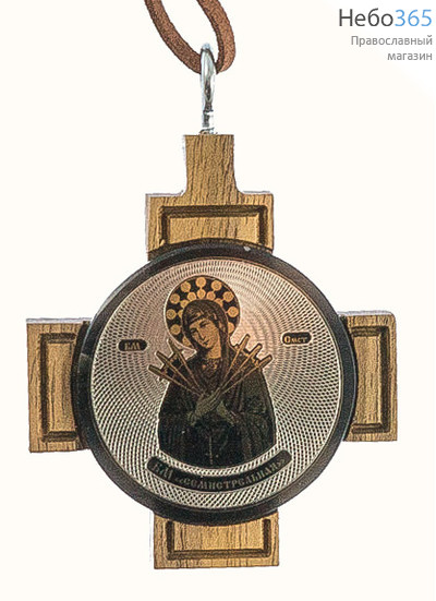  Икона автомобильная 5,3х5,3, на обсидиане с посеребрением, на деревянном кресте, подвесная, круглая Божией Матери икона Семистрельная, фото 1 