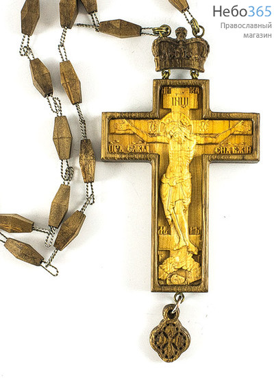  Крест наперсный протоиерейский деревянный прямой, с короной, с подвеской, составной из дуба и кипариса, машинная и ручная резьба, высотой 7,5 см, фото 1 