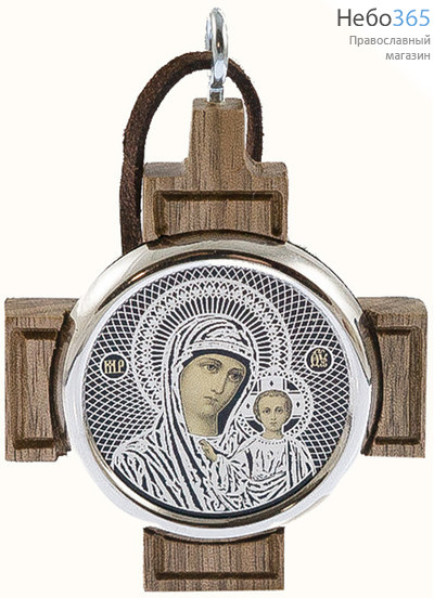  Икона автомобильная 5,3х5,3, на обсидиане с посеребрением, в посеребренной рамке, на деревянном кресте, подвесная, круглая икона Божией Матери Казанская, фото 1 