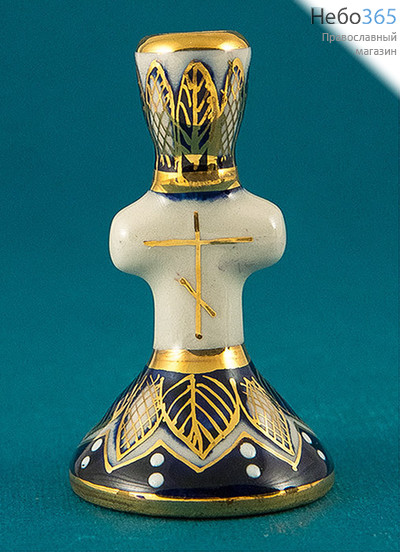  Подсвечник керамический "Крест", с белой глазурью, с индивидуальной кобальтовой росписью, с золотом, двух видов, высотой 7 см, ПКРОБИООЗ, фото 1 