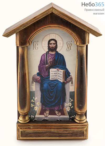  Спаситель на престоле. Икона в деревянном киоте 26х38х6 см, печать на холсте, киот с навершием и колоннами (№119/1) (Пин), фото 1 