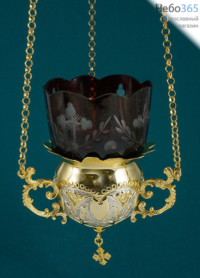  Лампада подвесная латунная Шар, двухцветная, с чеканкой, с позолотой, со стаканом, высотой 12 см ., фото 1 
