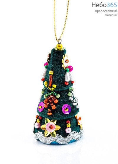  Сувенир рождественский "Ёлочка" - елочная игрушка, бархатная, с бисером, высотой 6,5 см, фото 1 