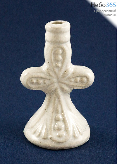  Подсвечник керамический Крест, с конусным основанием, с белой глазурью, высотой 7,5 см, фото 1 