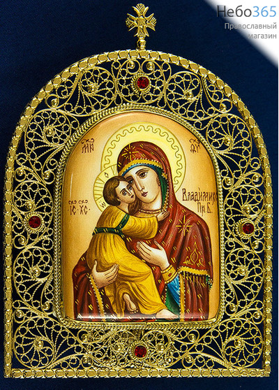  Владимирская икона Божией Матери. Икона писаная  5х6,5, финифть, филигранная позолоченная  рамка с камнями ручной работы, фото 1 