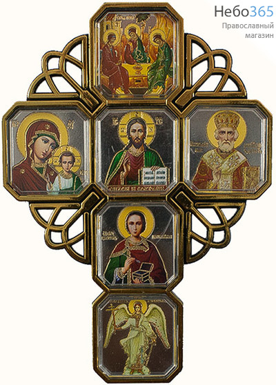  Крест пластмассовый (Ср)  8х11, шесть икон, со стеклом, на липучке (уп.20 шт.), фото 1 