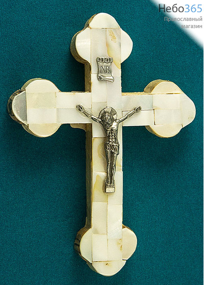  Крест деревянный Иерусалимский из оливы, с белым перламутровым покрытием, с металлическим распятием, высотой 13 см., фото 1 