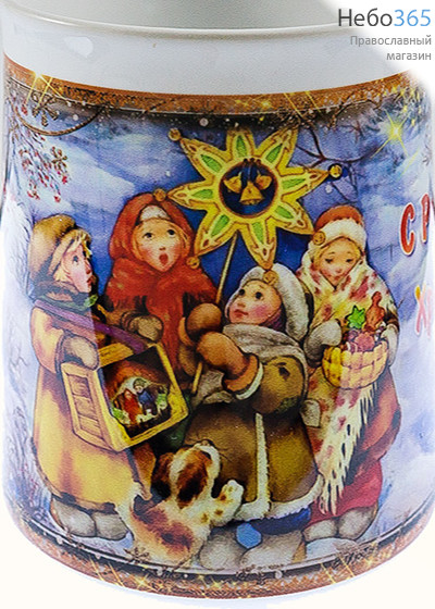  Чашка керамическая рождественская, бокал с фигурной ручкой, с цветной сублимацией, объемом 300 мл, в ассортименте Детские колядки, фото 1 